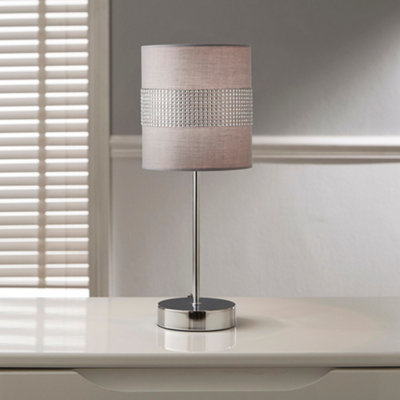 Twinkle Grey Table Lamp in Chrome Stand and Grey with Silver Diamante LampShade