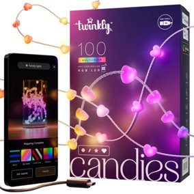 Twinkly Candies 100 Heart-shaped RGB LEDs, Clear Wire, USB-C