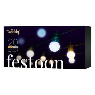 Twinkly Festoon App-Controlled LED Bulb Lights String with 20 AWW (Warm to Cool White) 10m Black Cable In/Outdoor Smart Lights