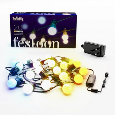 Twinkly Festoon App-Controlled LED Bulb Lights String with 20 AWW (Warm to Cool White) 10m Black Cable In/Outdoor Smart Lights