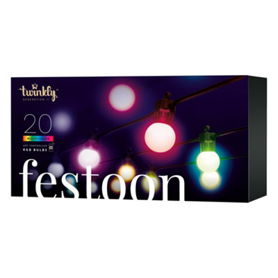 Twinkly Festoon App-Controlled LED Bulb Lights String with 20 RGB (16 Million Colours) 10m Black Cable In/Outdoor Smart Lighting