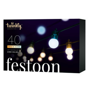 Twinkly Festoon App-Controlled LED Bulb Lights String with 40 AWW (Warm to Cool White) 20m Black Cable In/Outdoor Smart Lights