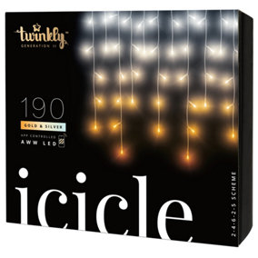 Twinkly Icicle App-Controlled LED Christmas Lights with 190 AWW Clear Wire. Indoor and Outdoor Smart Lighting Decoration