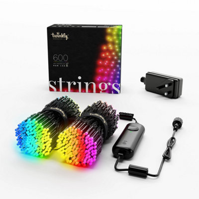 Twinkly Strings App-Controlled LED Christmas Lights with 600 RGB (16 Million Colours) 48m black Wire. Indoor/Outdoor Smart Lights