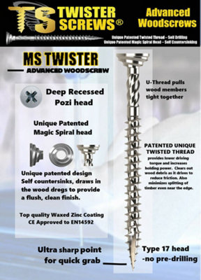 Twister Screws Multipurpose Patented screw design Self Drilling/Countersinking (Dia) 5mm (L)120mm, Pack of 500