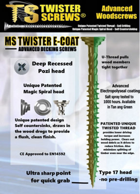 TwisterScrews E-Coat Decking Screws - Self Drilling/Countersinking (Dia) 5mm (L) 70mm, Pack of 250 green