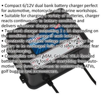 Two Bank Auto Maintenance Charger - 6V & 12V - Compact Battery Charger - 2 x 5A