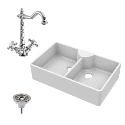 Two Bowl Fireclay Butler Kitchen Sink, Stepped Weir, Classic Tap, Wastes 895mm