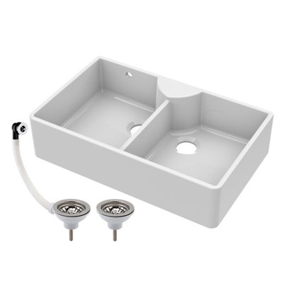 Two Bowl Fireclay Butler Kitchen Sink, Stepped Weir,Overflow,Ledge,Wastes 895mm