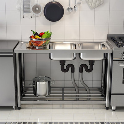 Two Compartments Commercial Freestanding Stainless Steel Kitchen Sink with Left Drainboard