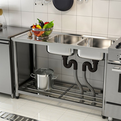 Two Compartments Commercial Freestanding Stainless Steel Kitchen Sink with Left Drainboard