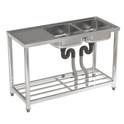 Two Compartments Commercial Freestanding Stainless Steel Kitchen Sink with Left Drainboard
