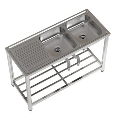 Two Compartments Commercial Freestanding Stainless Steel Kitchen Sink with Left Drainboard