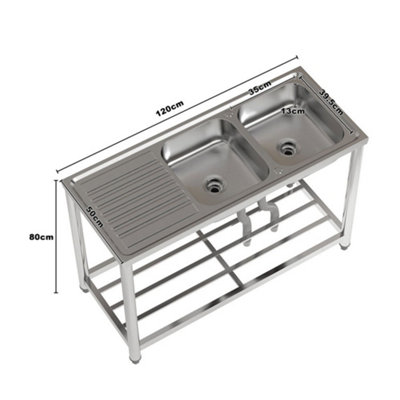 Two Compartments Commercial Freestanding Stainless Steel Kitchen Sink with Left Drainboard