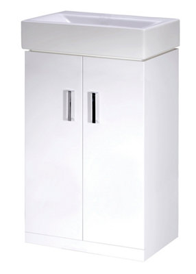 Two Door Cloakroom Vanity Basin Unit - 450mm - Gloss White