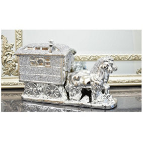 Two Horses With Wagon Gypsy Crushed Diamond Carriage Ornament Silver