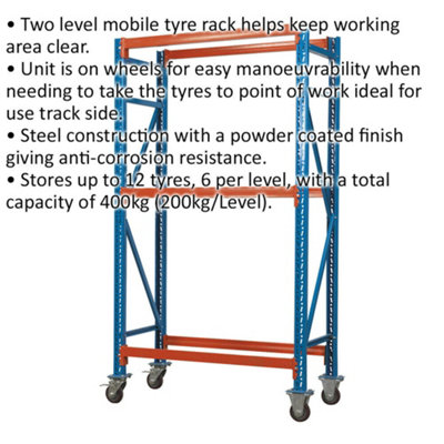 Two Level Mobile Tyre Rack - 200kg Per Level - Steel Construction - Wheeled