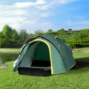 Two-Man Camping Tent with Weatherproof Shell Large Windows, Green and Yellow