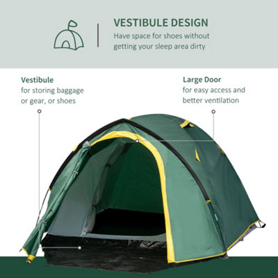Two-Man Camping Tent with Weatherproof Shell Large Windows, Green and Yellow