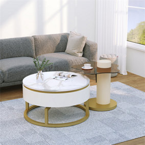 Two-piece Nesting Coffee Table in White - Versatile Design with Marble Look and Glass Surface, High-gloss Body