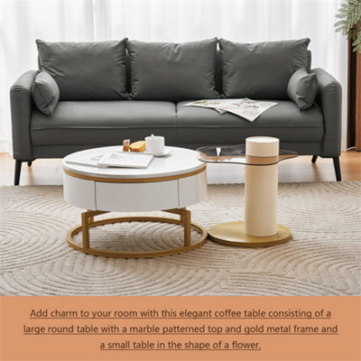 Two-piece Nesting Coffee Table in White - Versatile Design with Marble Look and Glass Surface, High-gloss Body