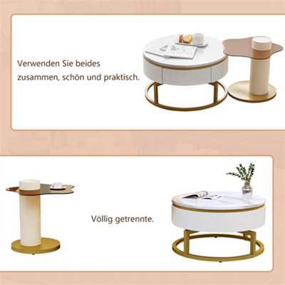 Two-piece Nesting Coffee Table in White - Versatile Design with Marble Look and Glass Surface, High-gloss Body