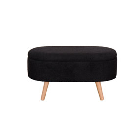 Two seat Boucle Teddy Storage Box Upholstered Pouffe Storage Bench Stool Black