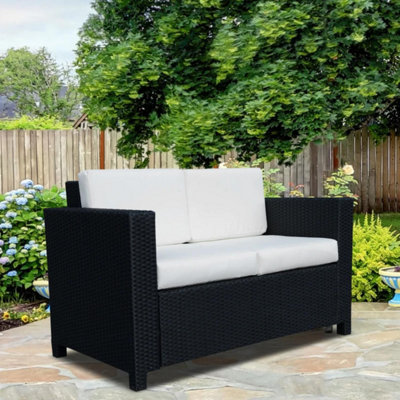 Two Seater Rattan Sofa with Soft Padded Cushion Black