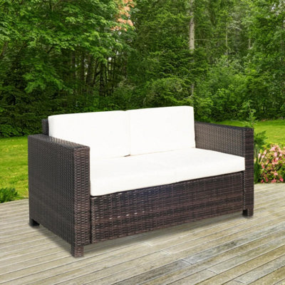 Two Seater Rattan Sofa with Soft Padded Cushion Brown