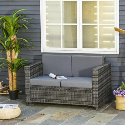 Two Seater Rattan Sofa with Soft Padded Cushion Grey