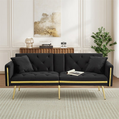 Two-Seater Sofa Bed with Adjustable Backrest, Gold Accents & Built-In ...