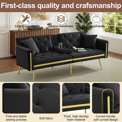 Two-Seater Sofa Bed with Adjustable Backrest, Gold Accents & Built-In ...