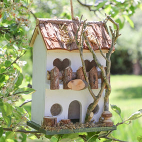 Two Storey White Decorative Hanging Bird House Garden Lodge Birdbox Wood Bird Nesting Box with Mossy Details