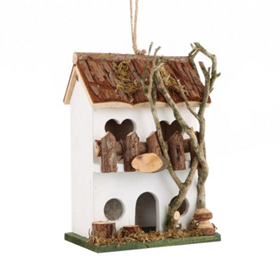 Two Storey White Decorative Hanging Bird House Garden Lodge Birdbox Wood Bird Nesting Box with Mossy Details