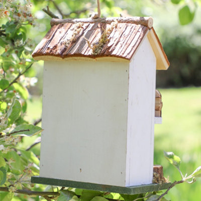 Two Storey White Decorative Hanging Bird House Garden Lodge Birdbox Wood Bird Nesting Box with Mossy Details - 3