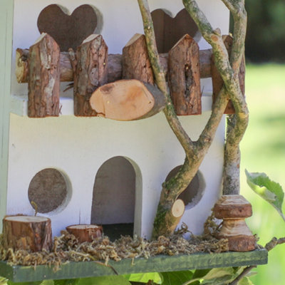 Two Storey White Decorative Hanging Bird House Garden Lodge Birdbox Wood Bird Nesting Box with Mossy Details - 4