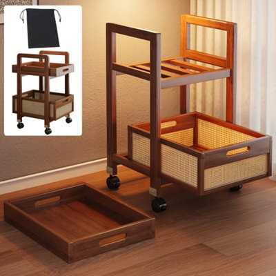 Two-Tier Solid Wood & Rattan Rolling Storage Cart with Wheels - Drinks ...