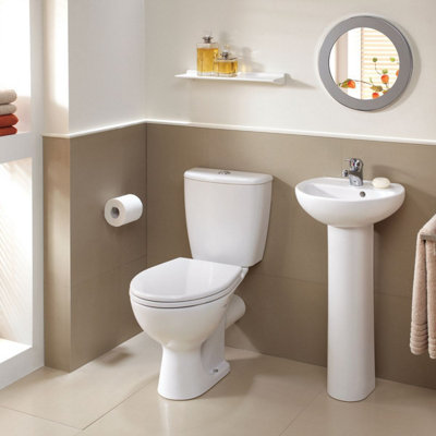Twyford Alcona suite with close coupled toilet, cistern and seat, and 55cm basin and pedestal