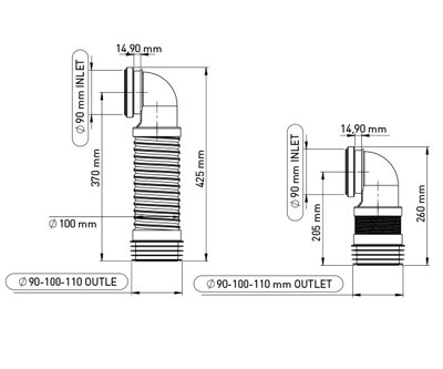 Tycner Pan Connector Soil Pipe Harmonica Flexible Elbow 90/110mm Flush-Mounted Frame
