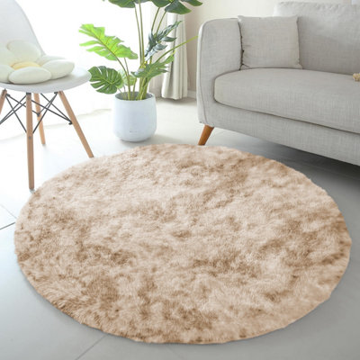 Tye Dye Cream Shaggy Round Rugs Soft Fluffy Area Rug Living Room ...