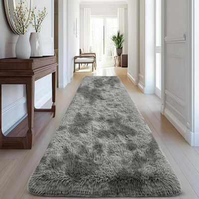 Tye Dye Light Grey Shaggy Runner Rugs Large Soft Fluffy Kitchen