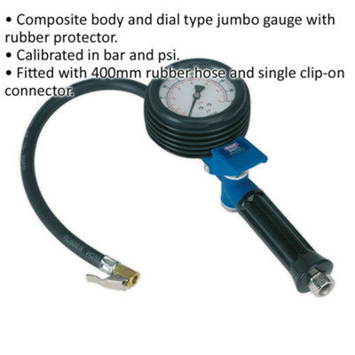 Tyre Inflator - Clip-On Connector - 400mm Hose - 1/4" BSP - EXTRA LARGE GAUGE