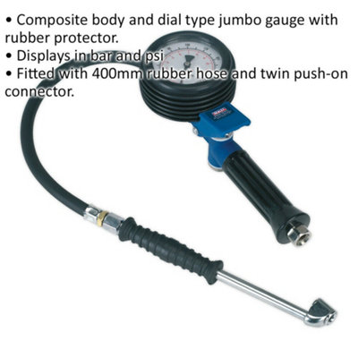Tyre Inflator - Push-On Connector - 400mm Hose - 1/4" BSP - EXTRA LARGE GAUGE