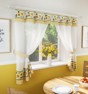 Tyrone Textiles Keswick Yellow Floral Embroidery Window Set With Matching Tie Backs -  98x36" (249x91cm)