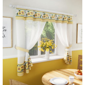 Tyrone Textiles Keswick Yellow Floral Embroidery Window Set With Matching Tie Backs -  98x36" (249x91cm)