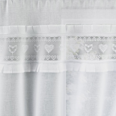 Tyrone Textiles Lucy Embroidered Heart Kitchen Window Set Curtain Pair with Frill Edging and Matching Tie Backs (White,36"(91cm))