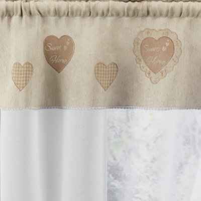 Tyrone Textiles Sweetheart Embroidered Heart Kitchen Window Set Curtain Pair With Matching Tie Backs - Natural (Drop- 48" (122cm))