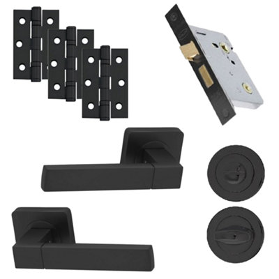 UAP Bathroom Door Handle - Pair - Lever on Rose - Cube - Bathroom Pack - Complete Set - Matt Black