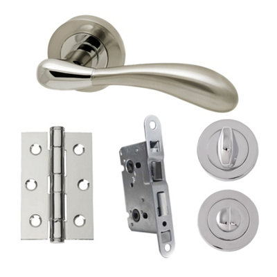 UAP Developer Hornet - Door Handle Pack with Hinges and Bathroom Lock - Polished Chrome/Satin Nickel