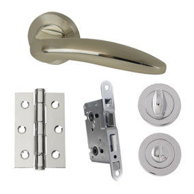UAP Developer Lancer - Door Handle Pack with Hinges and Bathroom Lock - Polished Chrome/Satin Nickel